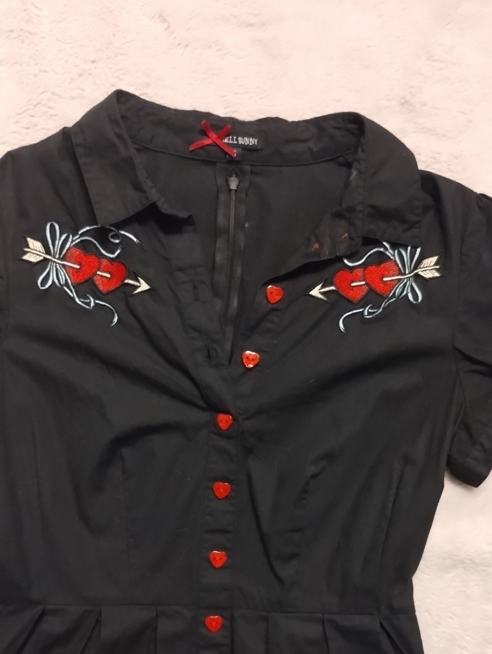 ❤️ Hell Bunny Black Midi Dress with Red Heart Embroidery ❤️ - Picture 3 of 6